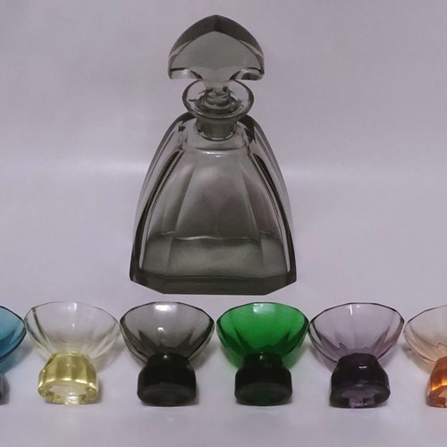 Art Deco Josephinenhutte liqueur set 1925, 1 decanter and 6 glasses