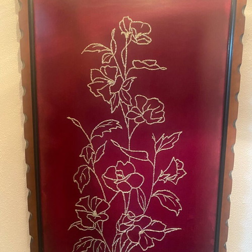 Embroidered painting like new with gold thread on red fabric