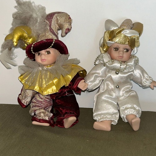 Venetian Carnival Porcelain Jester Dolls Set used, vintage