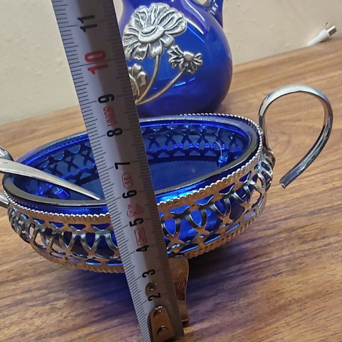 Set of blue blown glass jug and silver-plated fondue pot like new