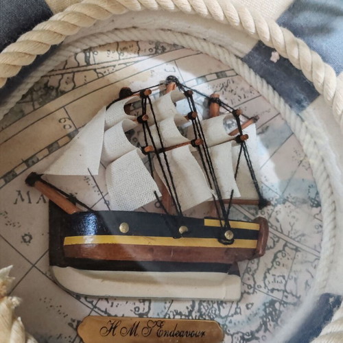 Wooden seagull and HMS Endeavour lifebuoy nautical decor set