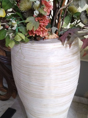 Ivory floor vase used with beige and gold thread weave