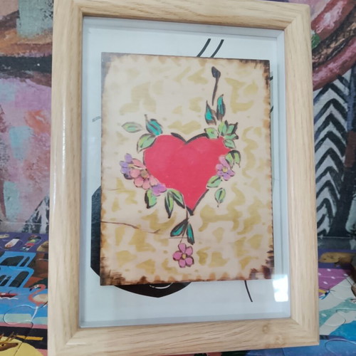 Decorative frame with wood pyrography painting 15x20cm new
