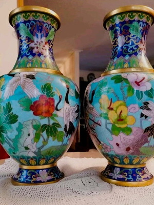 Pair of cloisonné vases like new with hand-painted bird and flower designs