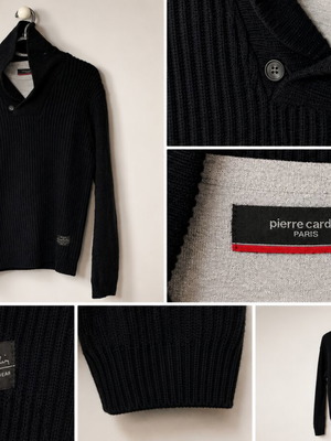 Мъжки плетен пуловер Pierre Cardin черен с висок яка размер S употребяван