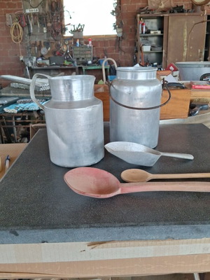 Aluminum and wooden utensils used, decorative and functional