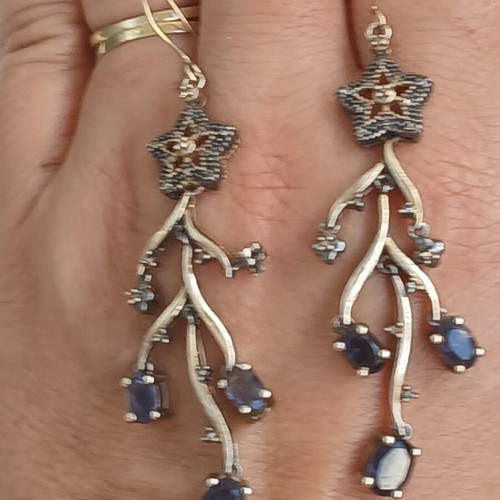 925 Silver and 9k Gold Earrings with Tanzanite and Old-Cut Diamonds, 7 cm