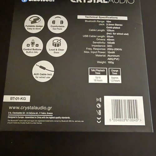 Crystal Audio BT-01-KG Wireless On-Ear Headphones like new