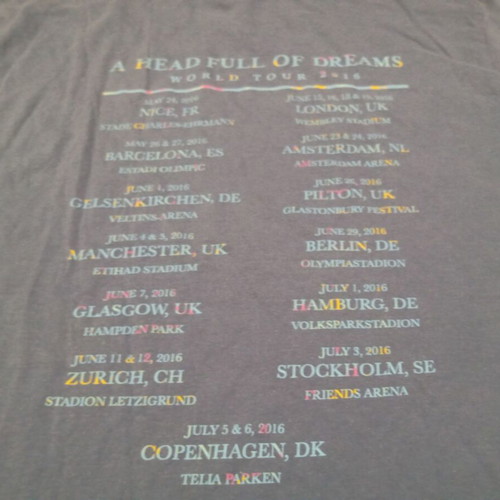 Coldplay A Head Full of Dreams World Tour 2016 Shirt size L like new, gray