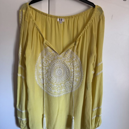 Tashia London Boho Silk Blouse M Like New, Yellow with Embroidery