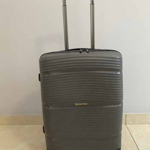 Saxoline cabin suitcase used, gray, hard shell with 4 wheels