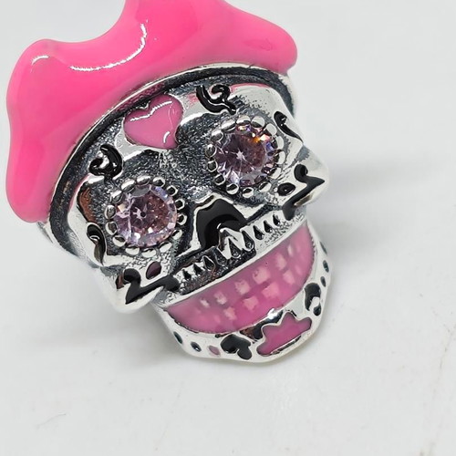 Sugar Skull Charm with Pink Hat and Crystals Silver 925 like new