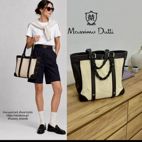 Massimo Dutti leather and cotton tote bag, dark brown and ecru