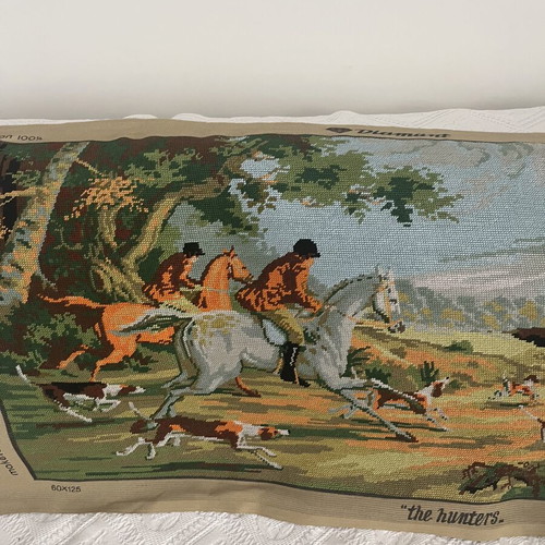 Handmade embroidered textile painting with classic hunting scene