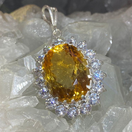 Silver pendant with large cut citrine stone and moissanites, new