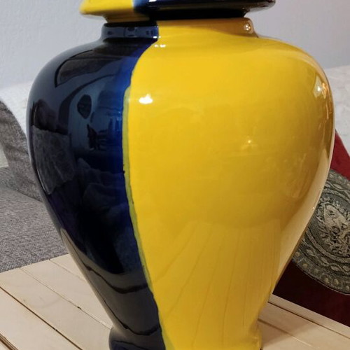 Ginger jar ceramic used, blue and yellow decor, 30 cm