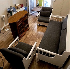 Σετ σαλόνι καναπές κρεβάτι, δύο πολυθρόνες και έπιπλο τηλεόρασης/μπουφές ξύλινο σε πολύ καλή κατάστα
