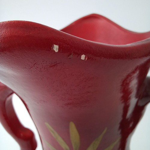 Handmade ceramic vase vintage used, red hand-painted