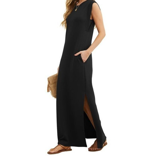 GRECERELLE women's long summer dress with pockets and slit, black, size L