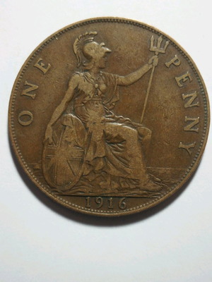Μεγάλη Βρετανία One Penny 1916 Βασιλιάς Γεώργιος 5ος Χάλκινο νόμισμα σαν καινούργιο
