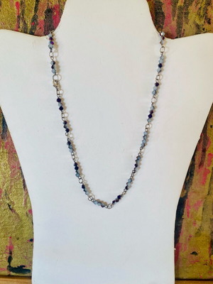 Handmade beaded necklace with silver-toned chain, new, multicolored