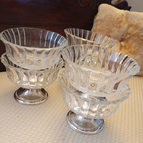 Vintage set of 6 dessert bowls like new, glass with silver base