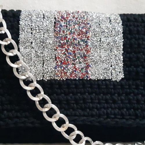 Handmade black knitted crossbody bag with rhinestones and silver chain, new