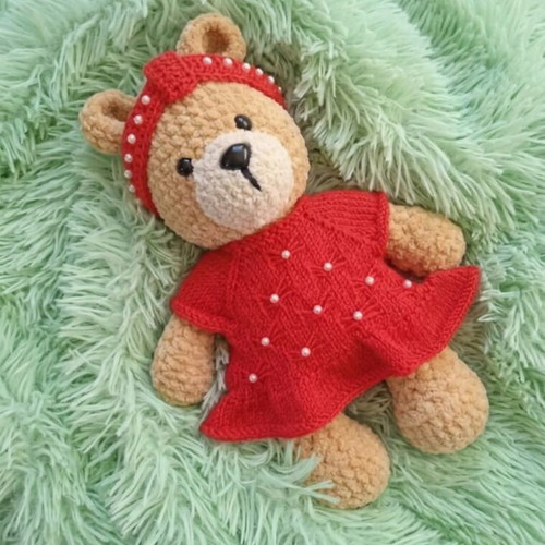 Knitted teddy bear with clothes, new, 30 cm