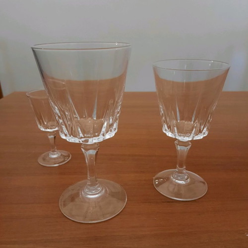 Crystal glassware set used with 11 water glasses, 12 wine glasses, 12 liqueur glasses