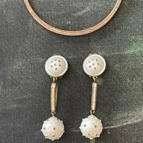 Antique French jewelry set used, clip earrings and enamel bracelet