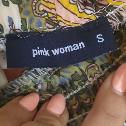 Pink Woman satin wide-leg pants with boho motif, like new