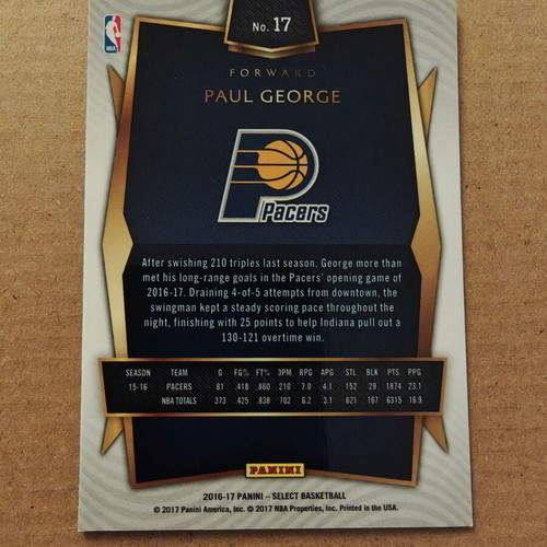 Paul George Indiana Pacers Panini Select 2016-17 No. 17 card like new