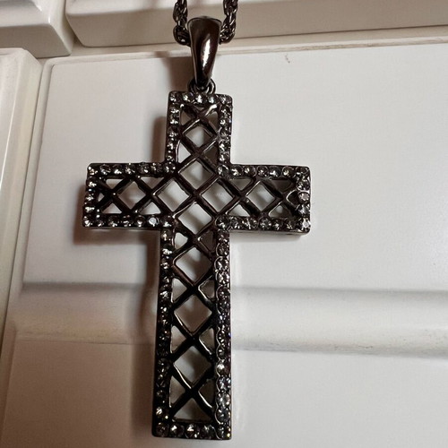 Steel cross necklace with crystal detail like new, black