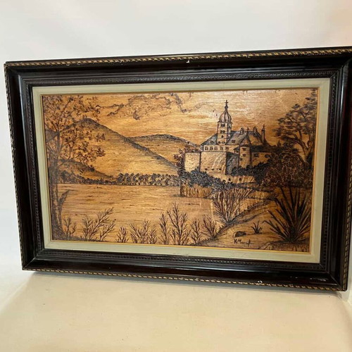 Vintage pyrography wall art with landscape and artist signature, 54x82