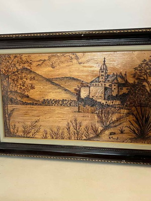 Vintage pyrography wall art with landscape and artist signature, 54x82