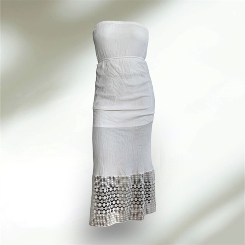 Maxi dress used, textured bodice with patterned lace hem, white, size M