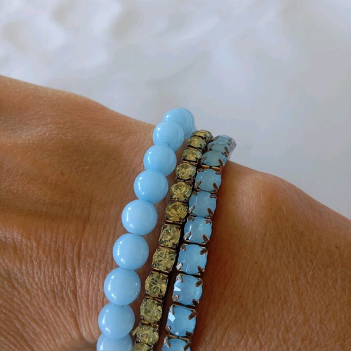 Bracelets pack of 3, blue and yellow on silver base