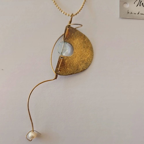 Handmade brass necklace new, gold color with crystal and mother-of-pearl