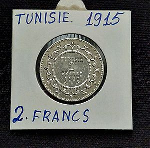 TUNISIE, 2 FRANCS 1915 ασημένιο νόμισμα.