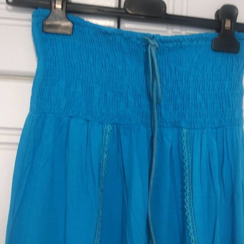 Beach dress blue S/M like new, strapless with pockets and ruffles