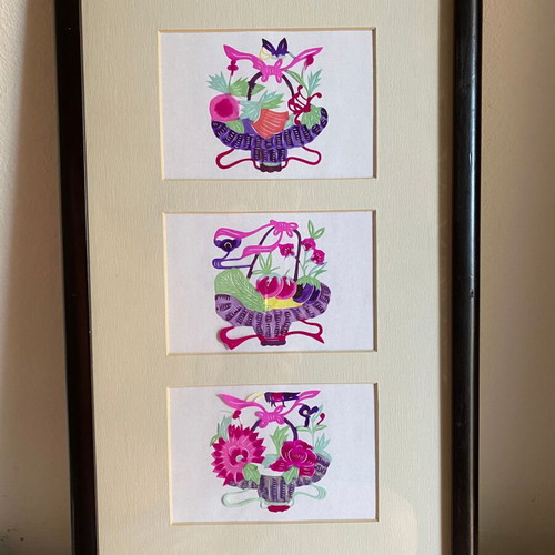 Paper-Cut Artworks framed, like new, floral and fruit baskets