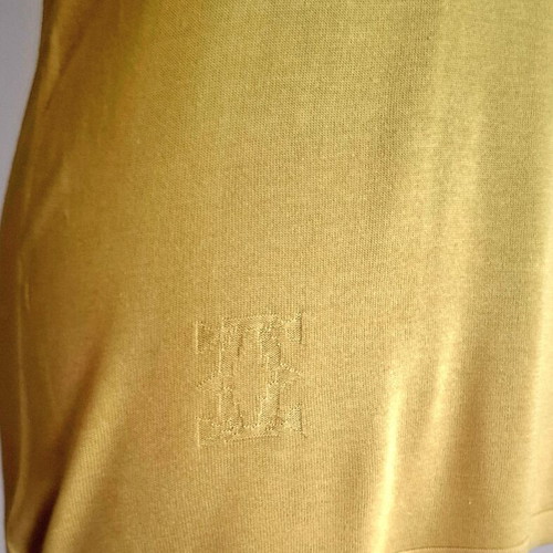 Vintage Cartier blouse used, light mustard with burgundy neck, cotton silk