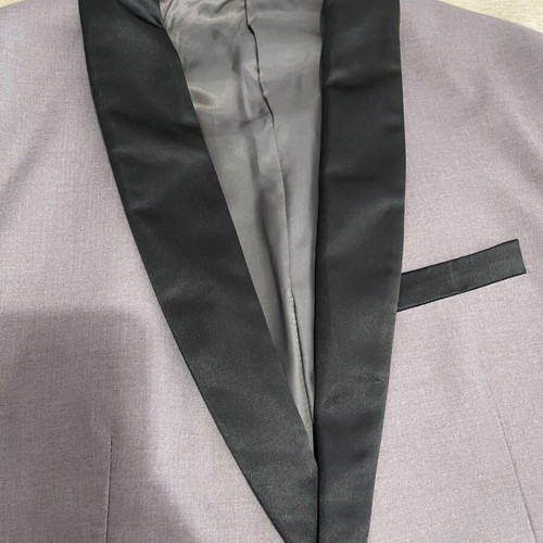 Light Grey Tuxedo Suit Set with Black Satin Shawl Collar, Size L