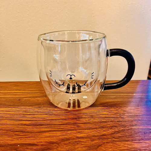 Double-Walled Glass Mugs Panda & Cat Set of 2, like new, aesthetic