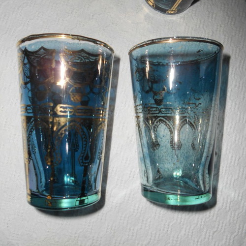 Set of 7 vintage blue-turquoise drinking glasses with gold Arabic decoration