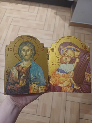 Ξύλινο δίπτυχο εικονίδιο Χριστός Παντοκράτωρ και Παναγία Γλυκοφιλούσα