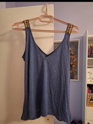 Shein sleeveless blouse with patterned straps, blue, size M