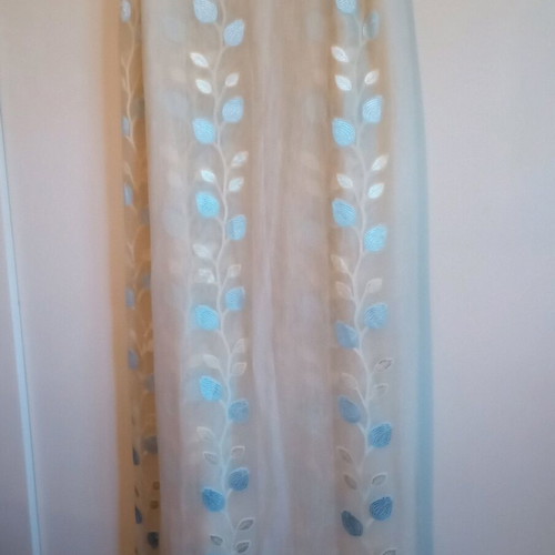 Vintage curtain used, ecru with blue and gold leaves