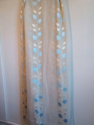 Vintage curtain used, ecru with blue and gold leaves