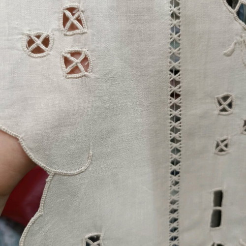 Linen cutwork tablecloth set beige handmade, new